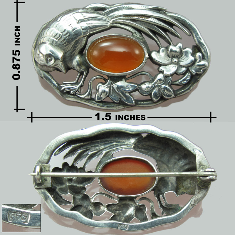 935 Silver Bird pin with carnelian stone